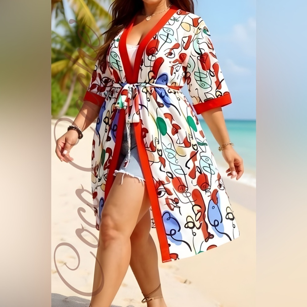 Festive Belted Kimono Duster Swimsuit Bikini Coverup